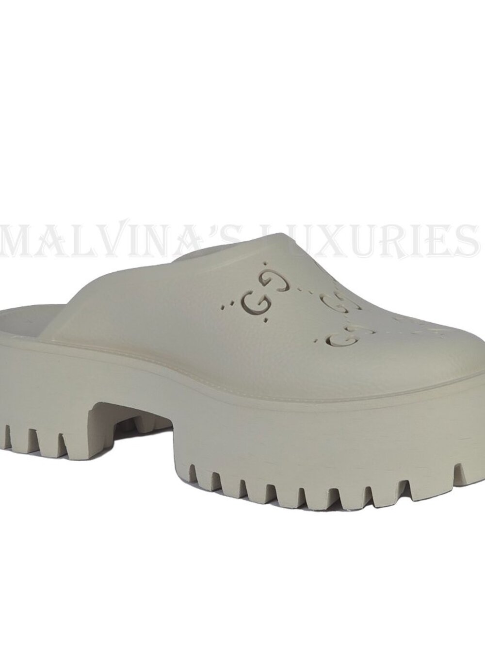 GUCCI SHOES ELEA PERFORATED RUBBER GG LOGO PLATFORM MULES SANDALS - Picture 10 of 16